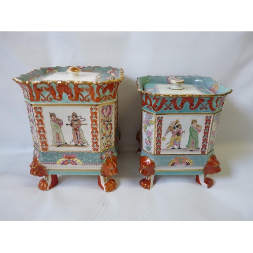 11 - 2 Early 19thC Masons Ironstone Potpourri vases polychrome painted with gilt highlights, pagoda-form ... 