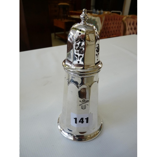 141 - Good Quality Mappin & Webb Silver plated Sugar shaker with College Crest engraved