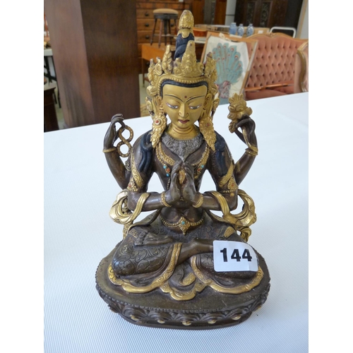 144 - Tibetan buddhist bronze Chenrezig kwan-yin Guanyin buddha goddess statue with gilt and painted decor... 