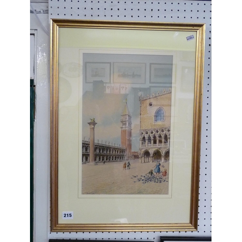 215 - Framed watercolour of Doges Palace Venice scene signed Minorini, 25 x 39cm