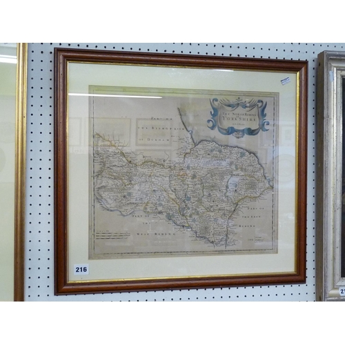 216 - Map of The North Riding of Yorkshire by Robert Morden, mounted and framed, 42 x 36cm