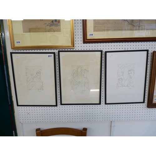 217 - Set of 3 1950s Etchings by Marseglia signed in Pencil