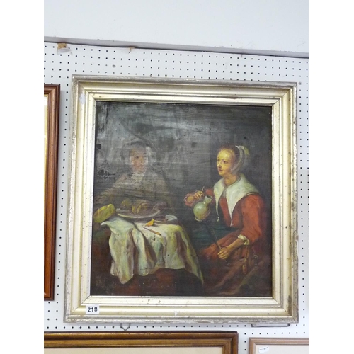 218 - 18thC Oil on board of a Tavern scene, unsigned 45 x 47cm