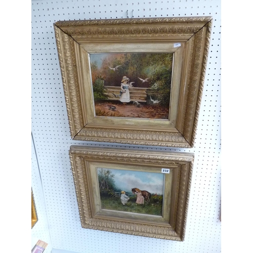 232 - Pair of Victorian Style Gilt framed Oil on canvas scenes of Children in the Manner of Kate Greenaway... 