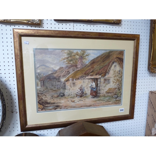 244 - 19thC Watercolour of a Countryside cottage with figures to foreground, unsigned, 48 x 31cm