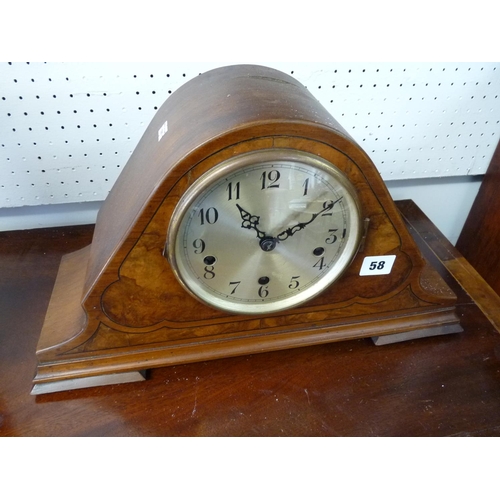 58 - Art Deco Walnut cased mantel clock with burr front and numeral dial