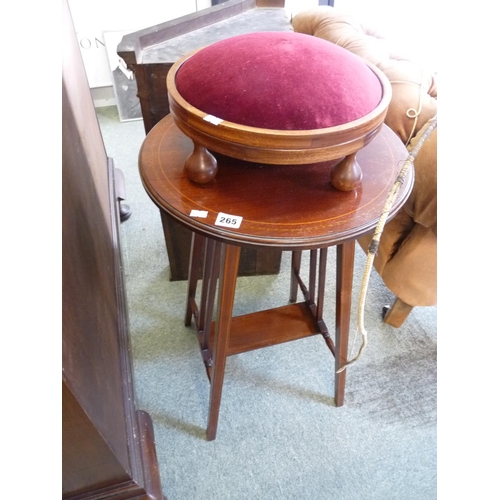 265 - Edwardian Satinwood Inlaid circular table with under tier and a circular upholstered gout stool on t... 