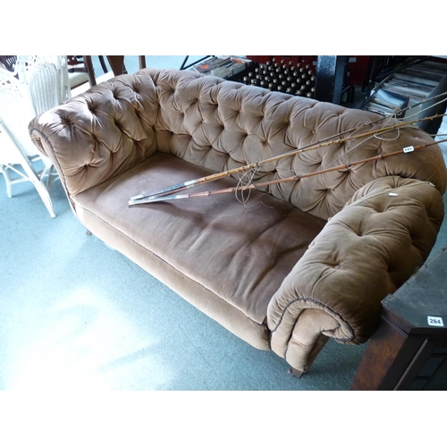 266 - Victorian upholstered button back drop end sofa supported on squat tapering caster legs