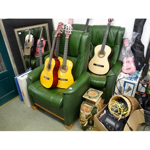 69 - Green Leather upholstered Sofa with matching Armchair