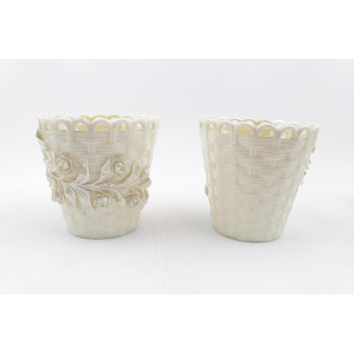 1 - Pair of 3rd Period Belleek basket weave pots with applied floral decoration 9cm and a Pair of Bellee... 