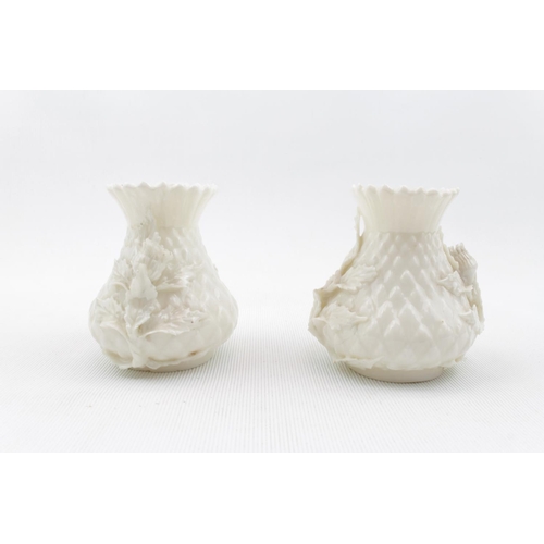 1 - Pair of 3rd Period Belleek basket weave pots with applied floral decoration 9cm and a Pair of Bellee... 