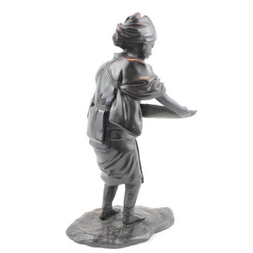 31 - Late 19thC Bronze of a woman with rice paddy sieve, unmarked 32cm in Height. Condition - Rivet missi... 