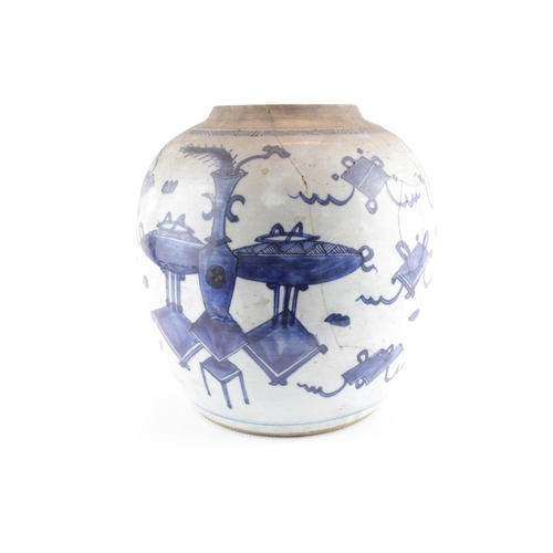 43 - Large Chinese Blue & White Ginger Jar decorated with Koro, Furniture and crosshatched border, 22cm i... 