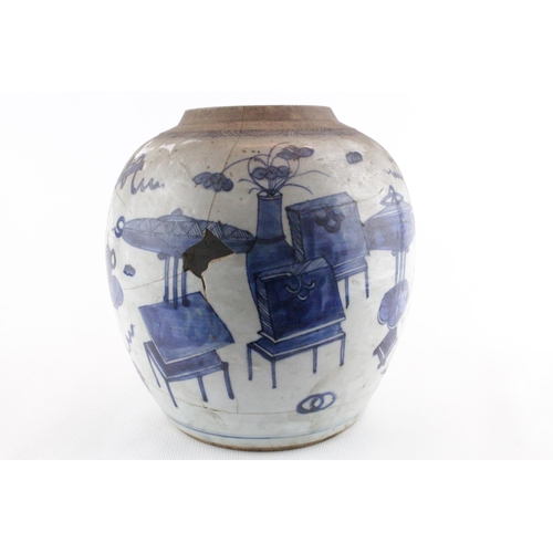 43 - Large Chinese Blue & White Ginger Jar decorated with Koro, Furniture and crosshatched border, 22cm i... 