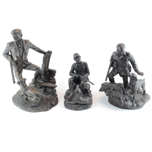 46 - 3 Bronzed figurines Heredities 'Taking A Break', 'Game Keeper' and another with Gun Dog. Condition -... 