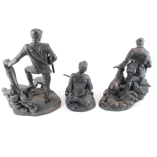 46 - 3 Bronzed figurines Heredities 'Taking A Break', 'Game Keeper' and another with Gun Dog. Condition -... 