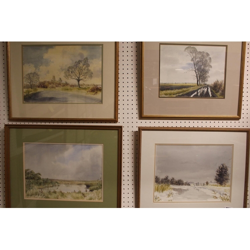 332 - Peter Gill 20thC, 4 Framed and mounted watercolours of Ely Cathedral and 3 other Fenland scenes