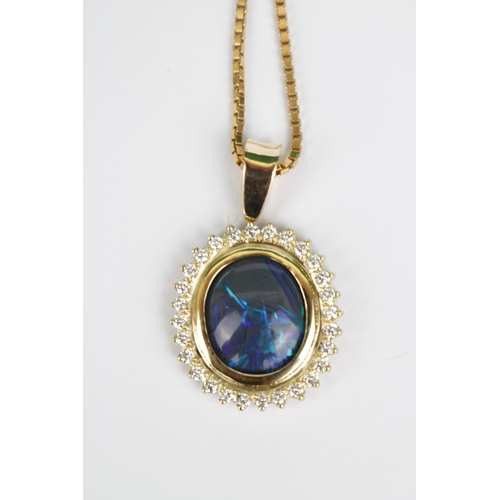 302 - High Quality Oval Black Opal and Diamond Pendant on 18ct Gold mount and chain, The Oval Black Lightn... 