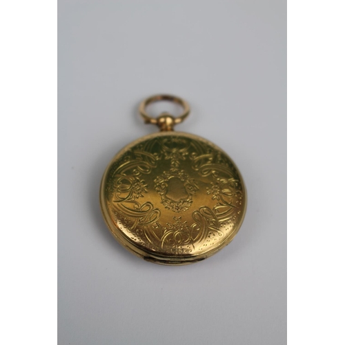 240 - European 18K Gold Ladies Pocket watch with engraved case and floral roman numeral dial