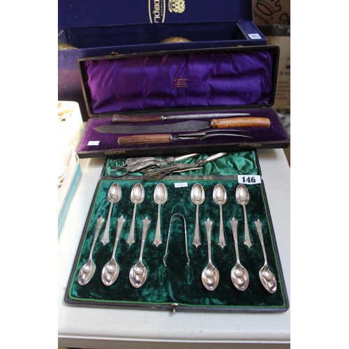 146 - Cased Set of Teaspoons with Sugar tongs, 2 Pairs of 19thC Silver plated Grape scissors, Boxed Carvin... 