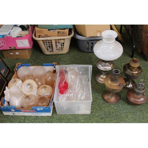 176 - 2 Boxes of assorted Glass Chimneys and Shades and Oil Lamps