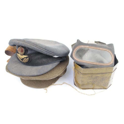 179 - WW2 Civilian Gas Mask (undamaged) with RAF and Army Hats