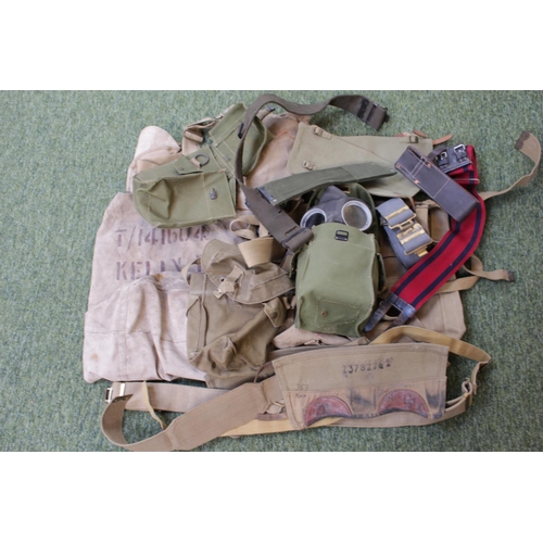 181 - Box of assorted Military Webbing Belts, Pouches, Kit Bag Gas Mask etc