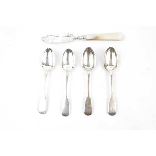 285 - 4 19thC Silver teaspoons and a Silver bladed butter knife with mother of pearl handle