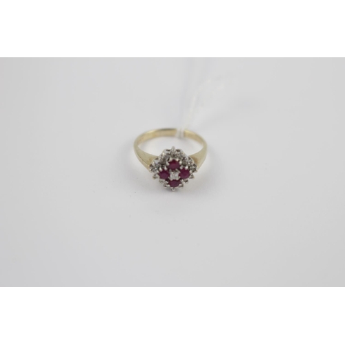 335 - Ladies 9ct Gold Ruby & Diamond cluster ring 2.6g total weight