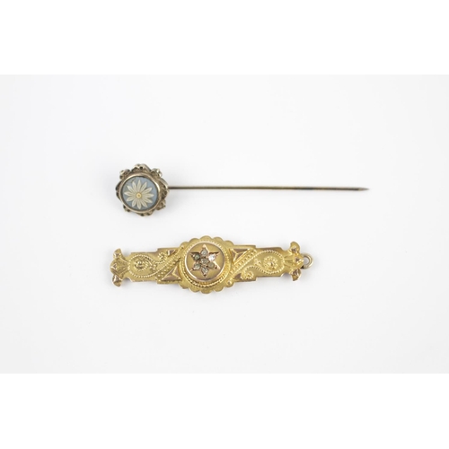 341 - 9ct Gold Victorian Diamond set bar brooch and a Yellow metal jasperware set stick pin