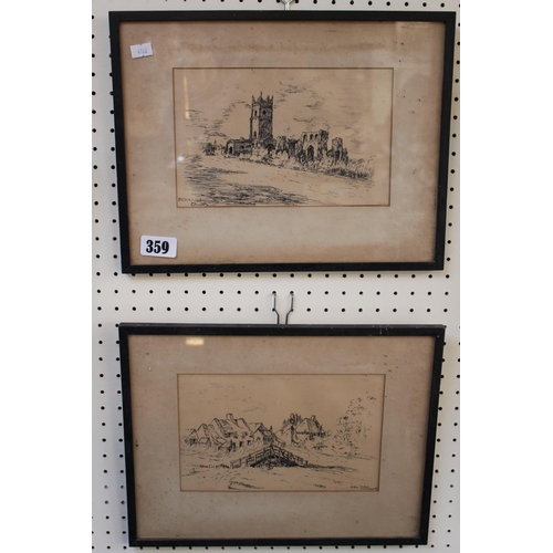 359 - Pair of Ink sketches of Walberswick church and Valley Farm Walberswick unsigned