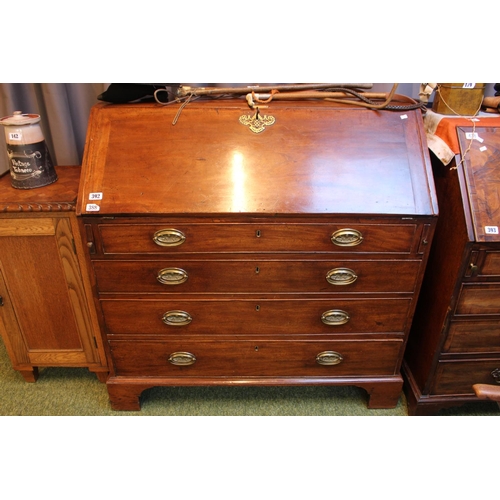 392 - 19thC Walnut Fall front bureau of 4 drawers with Oval Brass drop handles and bracket feet, 106cm in ... 