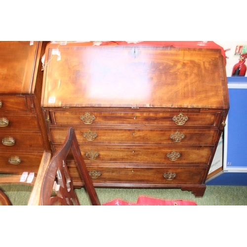 393 - George III Walnut Fronted Fall Front Bureau with fitted interior over 4 Inlaid drawers with brass dr... 