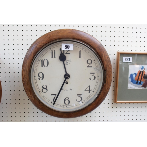 80 - Oak School clock marked Newport 8 Day with Platform Escapement