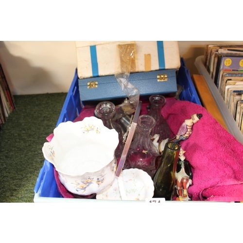 174 - Box of assorted ceramics and glassware and a boxed dressing table set including Thomas Webb