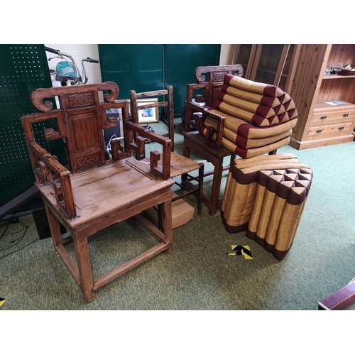 405 - 2x Antique Chinese throne chairs and Thai silk day bed cushions.