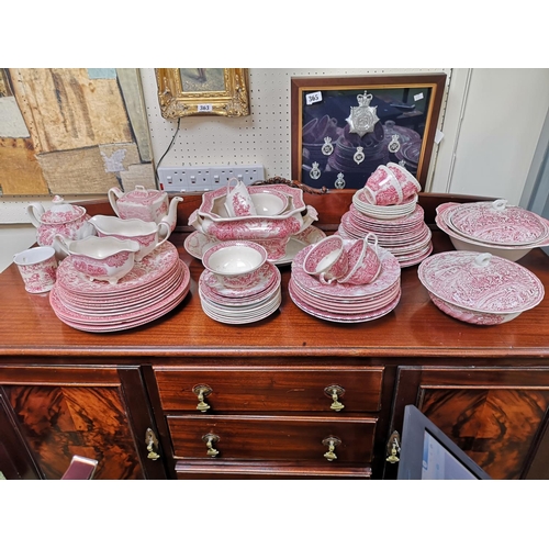 219a - Collection of Johnson Brothers Cotswold red and white pattern dinner and tea service.