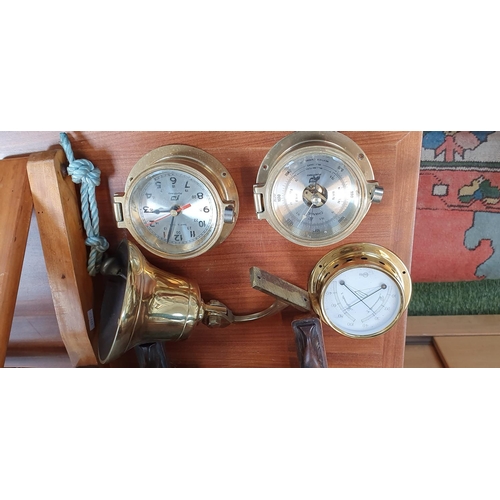 250 - Brass Bell, Plastimo clock and Barometer set and a Barigo Thermometer