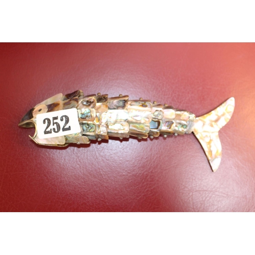 252 - Mother of Pearl articulated Fish Bottle opener on Coin Silver frame