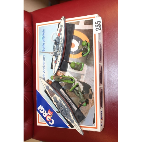 255 - Boxed Corgi 50th Anniversary Battle of Britain Set, 2 1/1200 Diecast Warships on plinths and 4 Brita... 