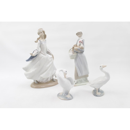 104 - Lladro figure of a woman dancing with flowing dress, 2 Geese and another woman with cockerel figure