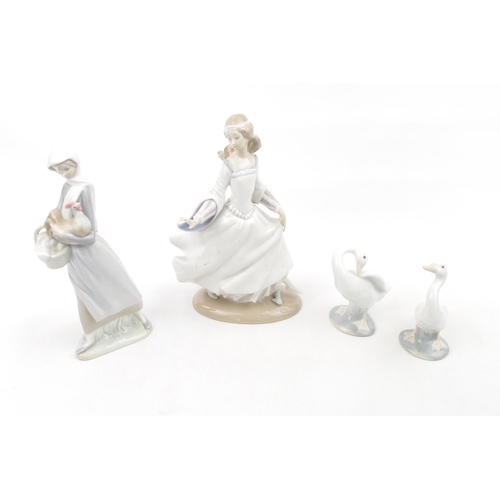 104 - Lladro figure of a woman dancing with flowing dress, 2 Geese and another woman with cockerel figure