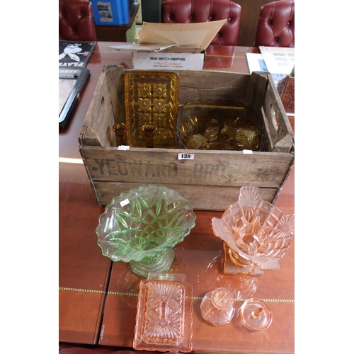 138 - Collection of assorted Coloured Pressed glass and a Vintage Wooden Fruit Crate