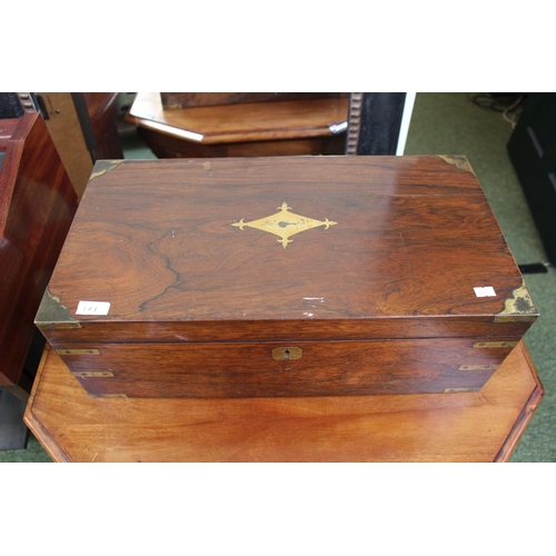 171 - Victorian campaign style writing slope with brass corners, braces & escutcheon, with hidden draw.