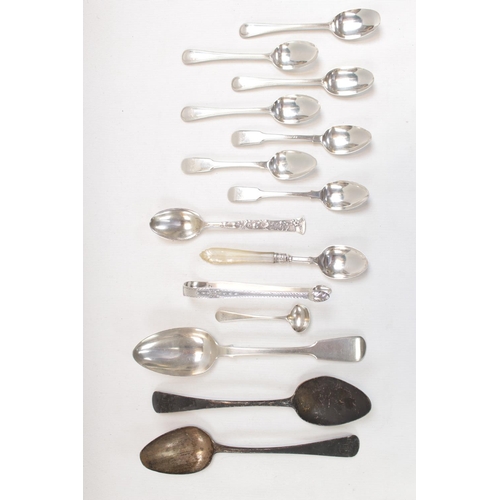 136 - Collection of Georgian and later Silver Flatware inc. Spoons, Sugar tongs etc 370g total weight