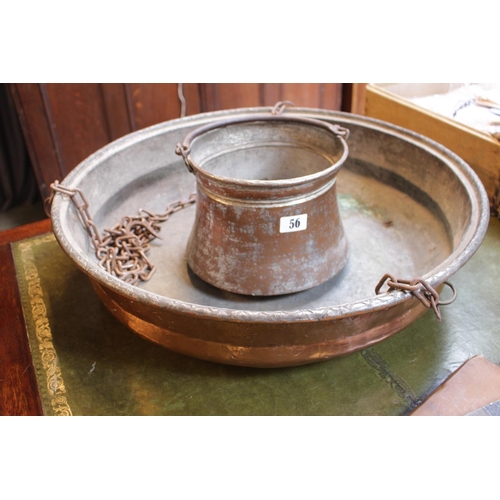 56 - Large Persian Copper cooking pan on chain and a hammered copper cooking bucket