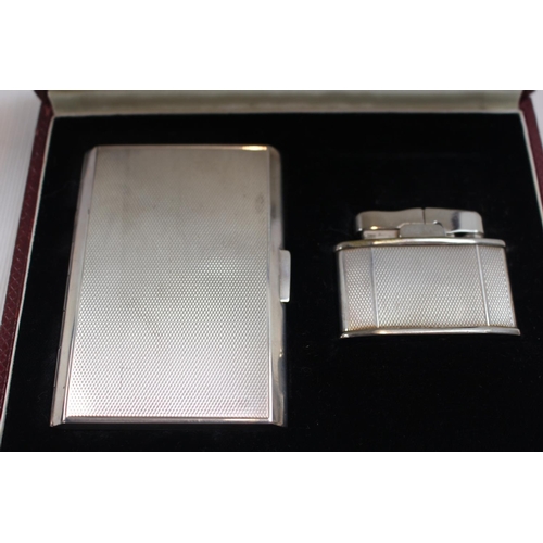 146 - Good Quality 1940s German Sterling Silver Cigarette case and matching Lighter in presentation case