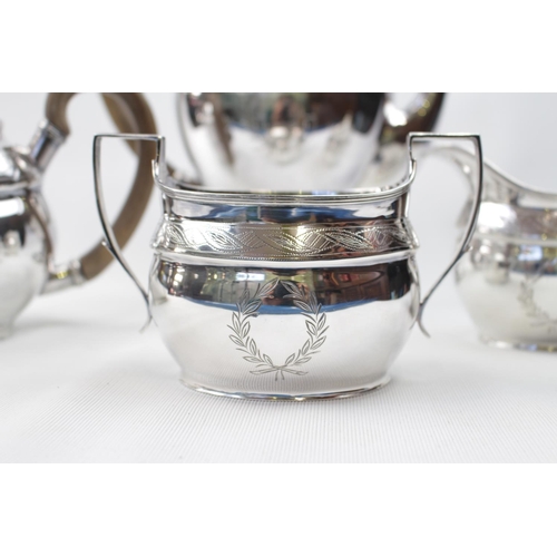 165 - 3 Piece 20thC Silver Tea set comprising of Teapot water jug, sugar bowl and milk jug with laurel eng... 
