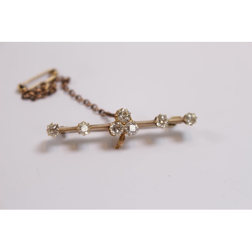 178 - Good quality Edwardian Yellow Gold Diamond Set Bar brooch of clover form comprising of 3 x 0.20ct cl... 