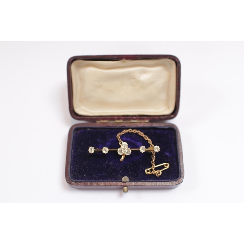 178 - Good quality Edwardian Yellow Gold Diamond Set Bar brooch of clover form comprising of 3 x 0.20ct cl... 